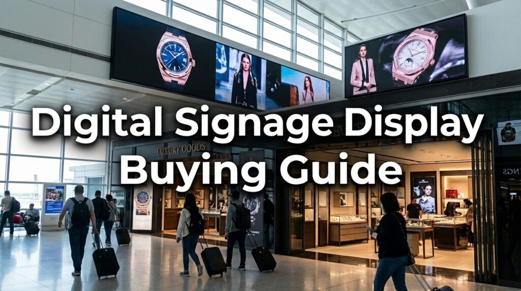 Wide-angle view of professional commercial digital signage displays installed above a luxury duty-free shop in a busy airport terminal, showing advertisements for watches. The text "Digital Signage Display Buying Guide" is overlaid prominently on the image in white bold letters.