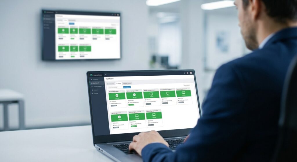 IT administrator using a centralized digital signage management dashboard on a laptop to remotely monitor multiple network displays