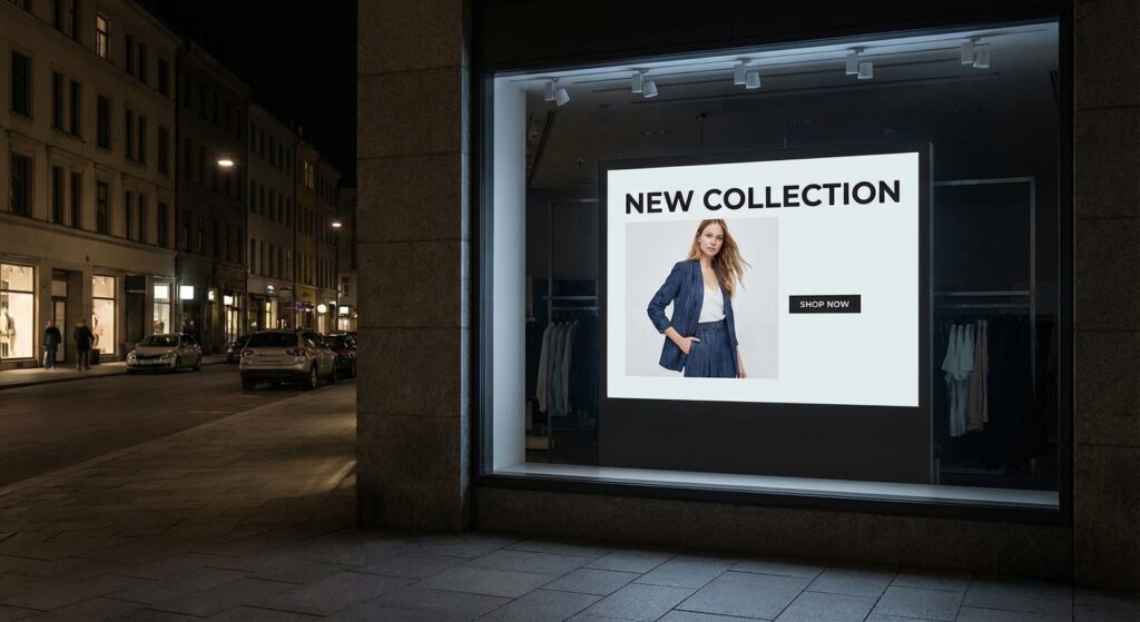 A commercial grade digital display in a dark retail window at night, illustrating continuous, 24/7 operation for night-time advertising visibility.