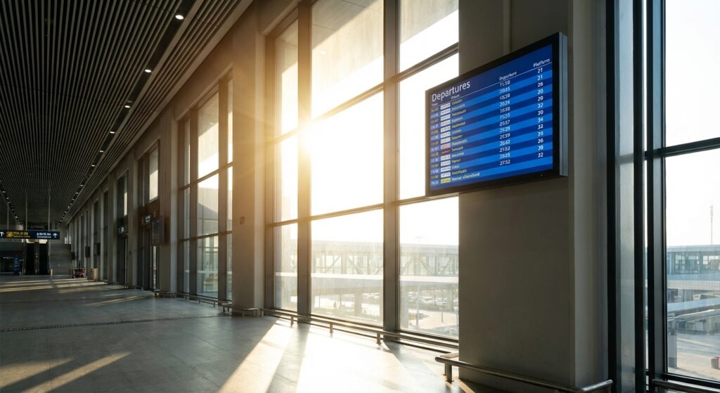 High brightness digital signage display maintaining clear visibility against direct sunlight in a bright airport terminal.