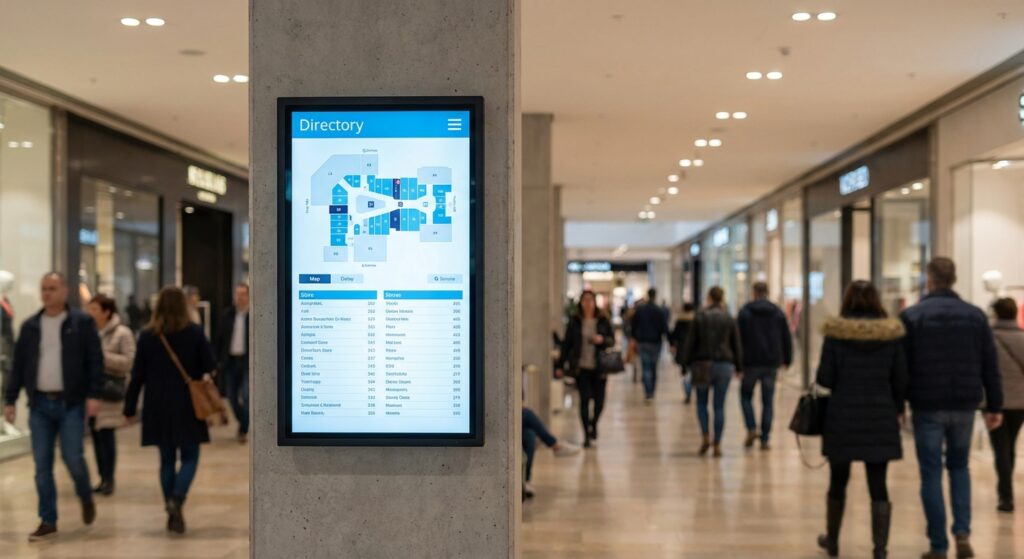 Commercial digital signage display mounted in portrait orientation showing an interactive directory map in a shopping mall.