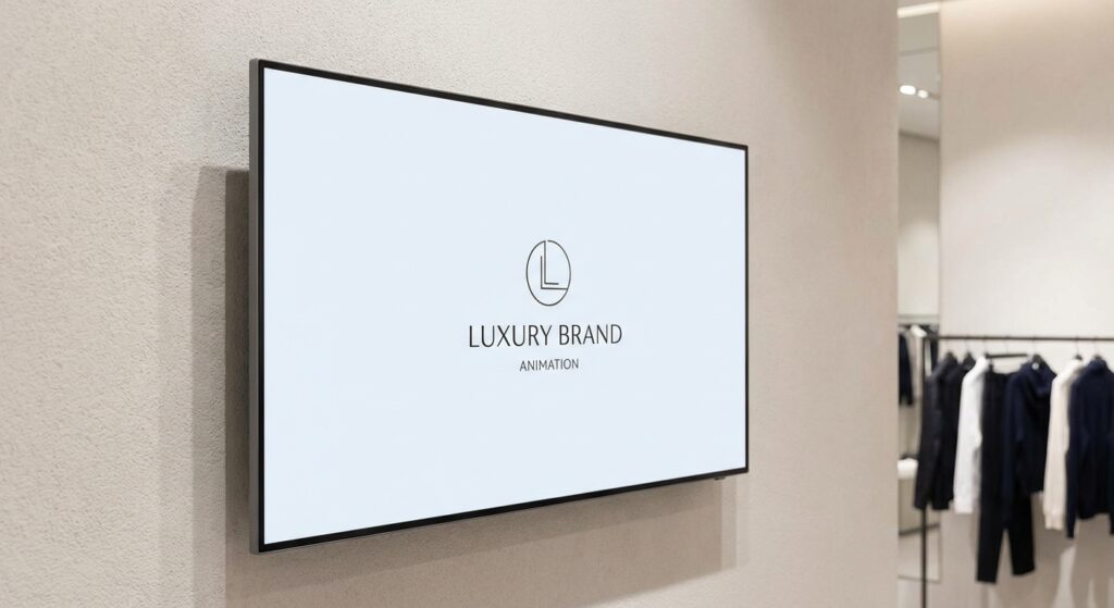 Wall-mounted all-in-one digital signage display with a built-in media player in a luxury retail store, demonstrating a clean, cable-free installation.