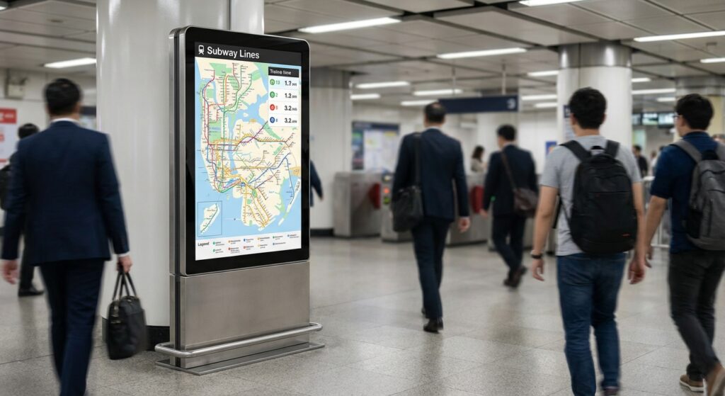 Freestanding digital signage kiosk with a robust protective enclosure displaying a wayfinding map in a high-traffic subway station
