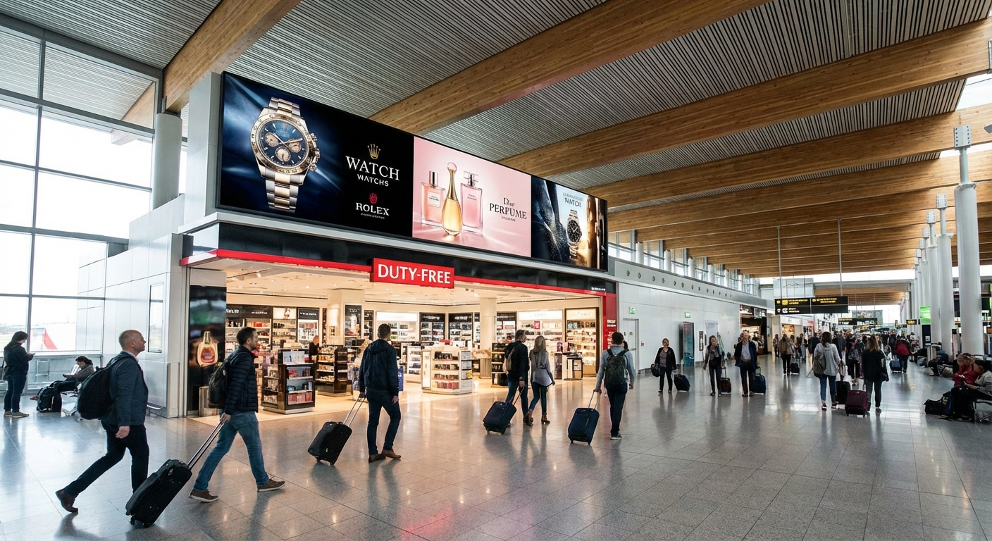 Professional commercial digital signage display installed above an airport duty-free shop