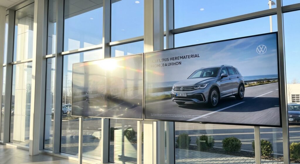 Side-by-side comparison of a highly reflective glossy screen and a commercial display with anti-glare coating in a bright, sunlit window environment