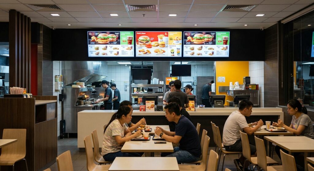 Three commercial digital signage displays mounted above a counter serving as digital menu boards in a busy restaurant environment