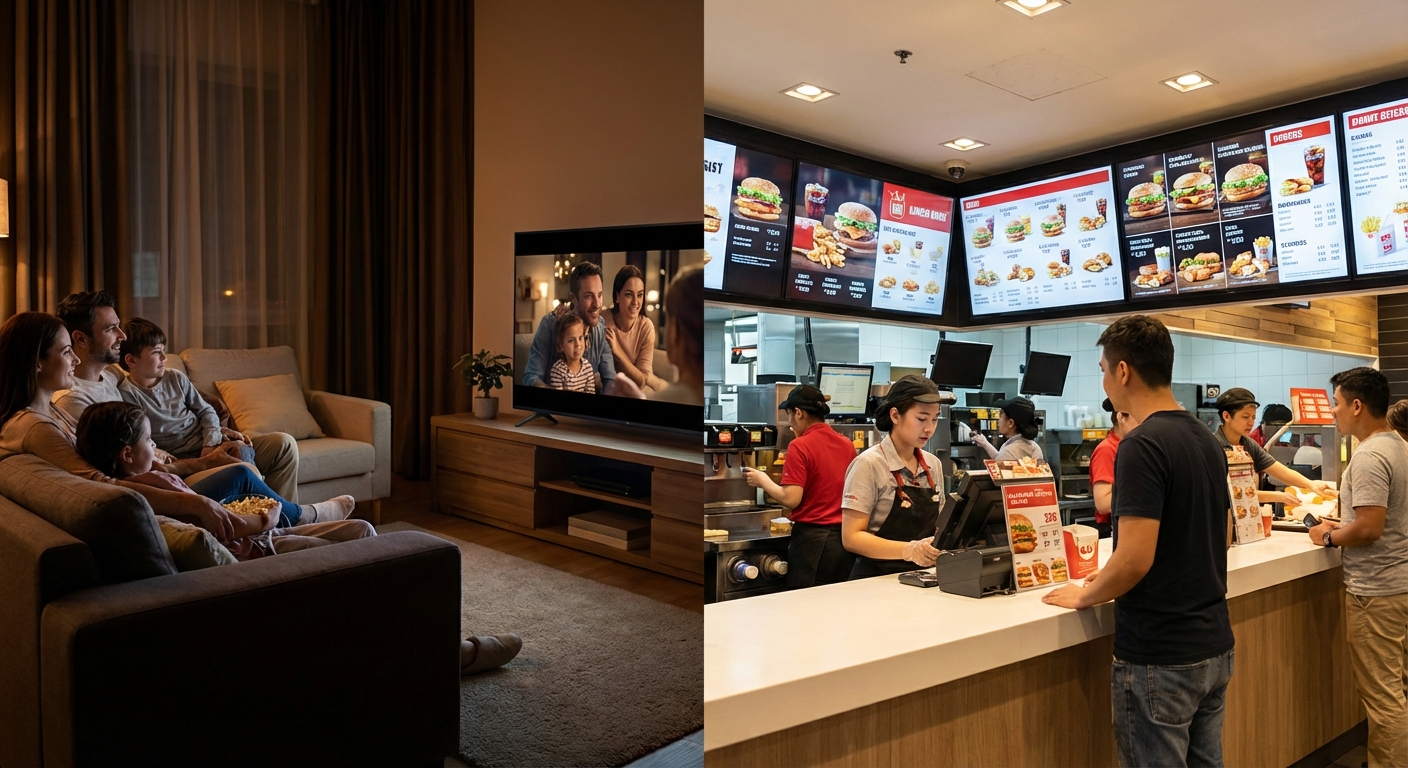Side-by-side comparison of a consumer TV in a dark living room versus commercial digital signage displays used as menu boards in a bright restaurant