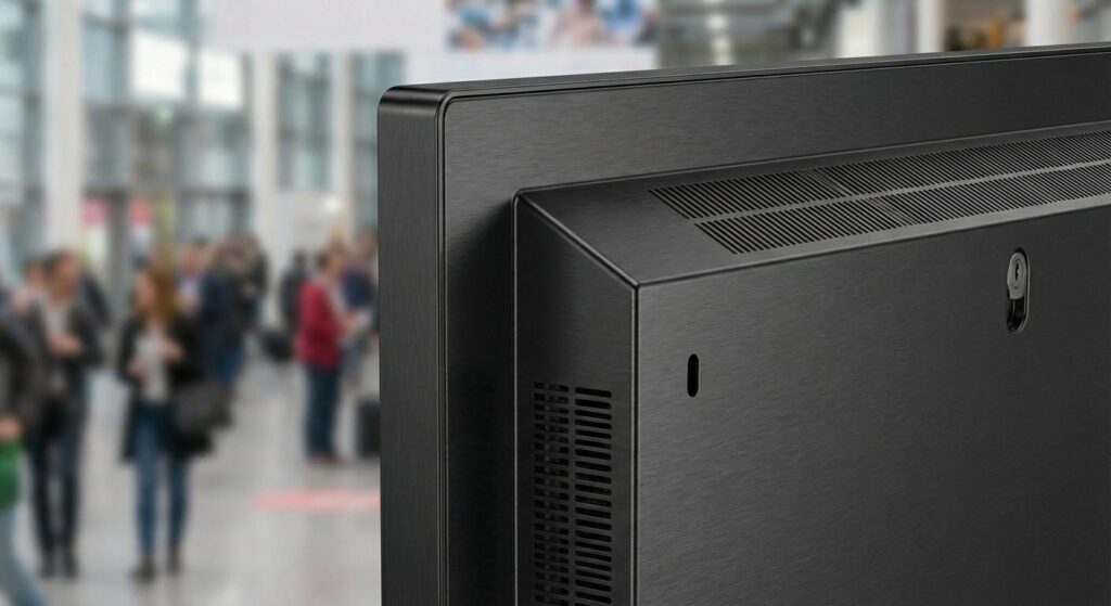 Close-up of a robust metal chassis on a commercial digital display, illustrating physical protection features for busy public environments