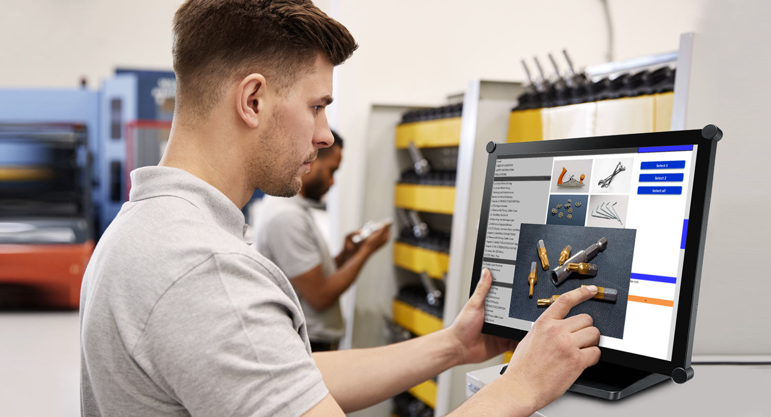 A man is touching AG Neovo's TX-Series touchscreen in the store