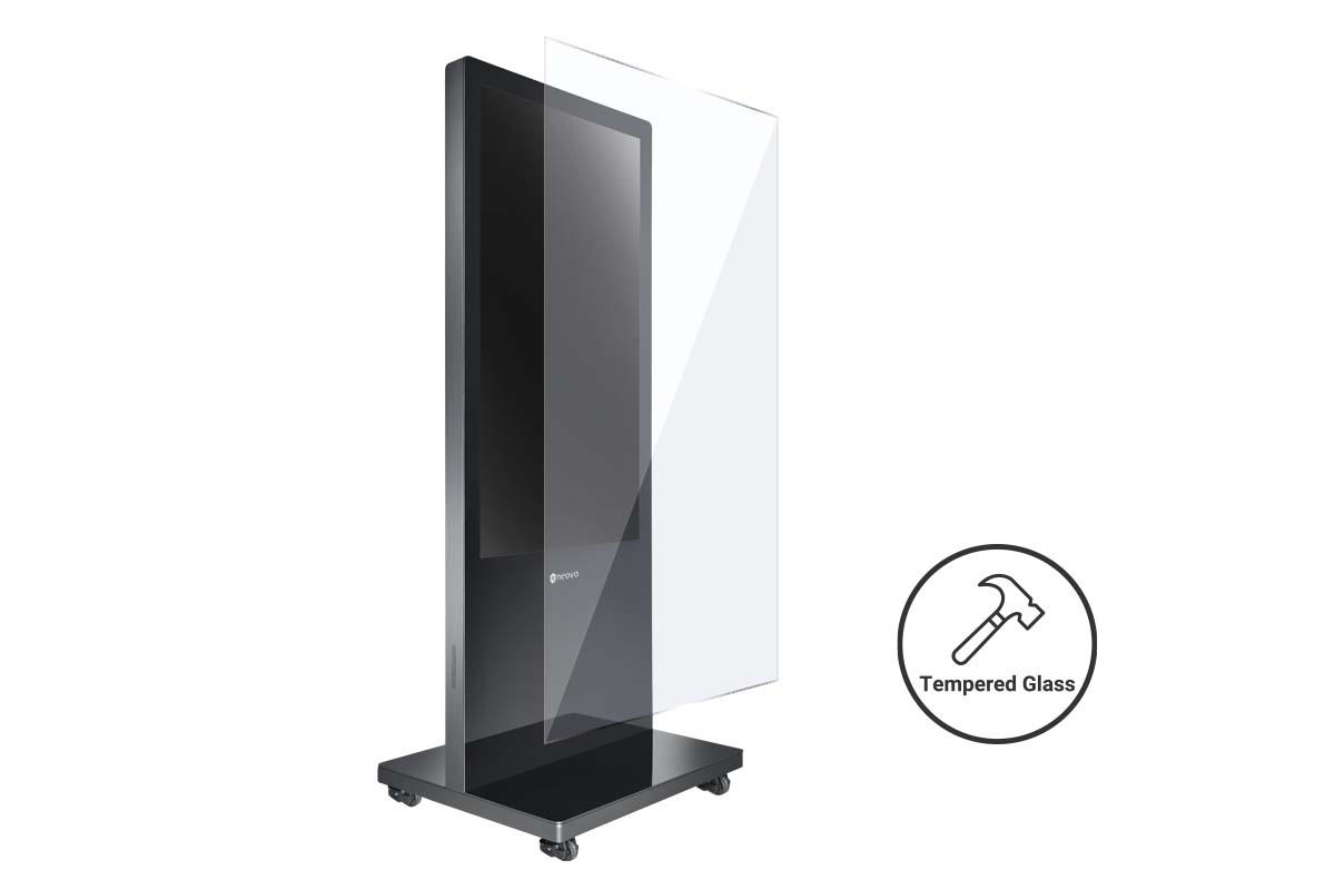 The PF-Series freestanding digital kiosk display has over 9H hardness tempered glass on the front