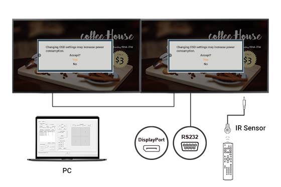 The PD-Series 4K commercial display features DisplayPort/IR/RS232 daisy chain loop-through