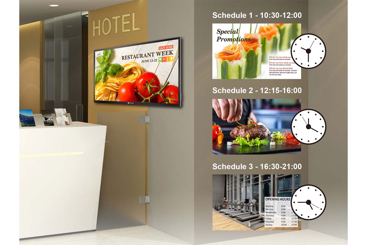 The PM-Series slim bezel digital signage displays have a built-in integrated scheduler