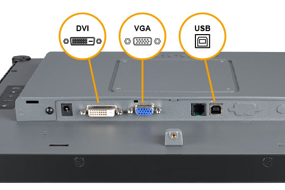 The TX-17 touch screen monitor supports VGA and DVI connectivity