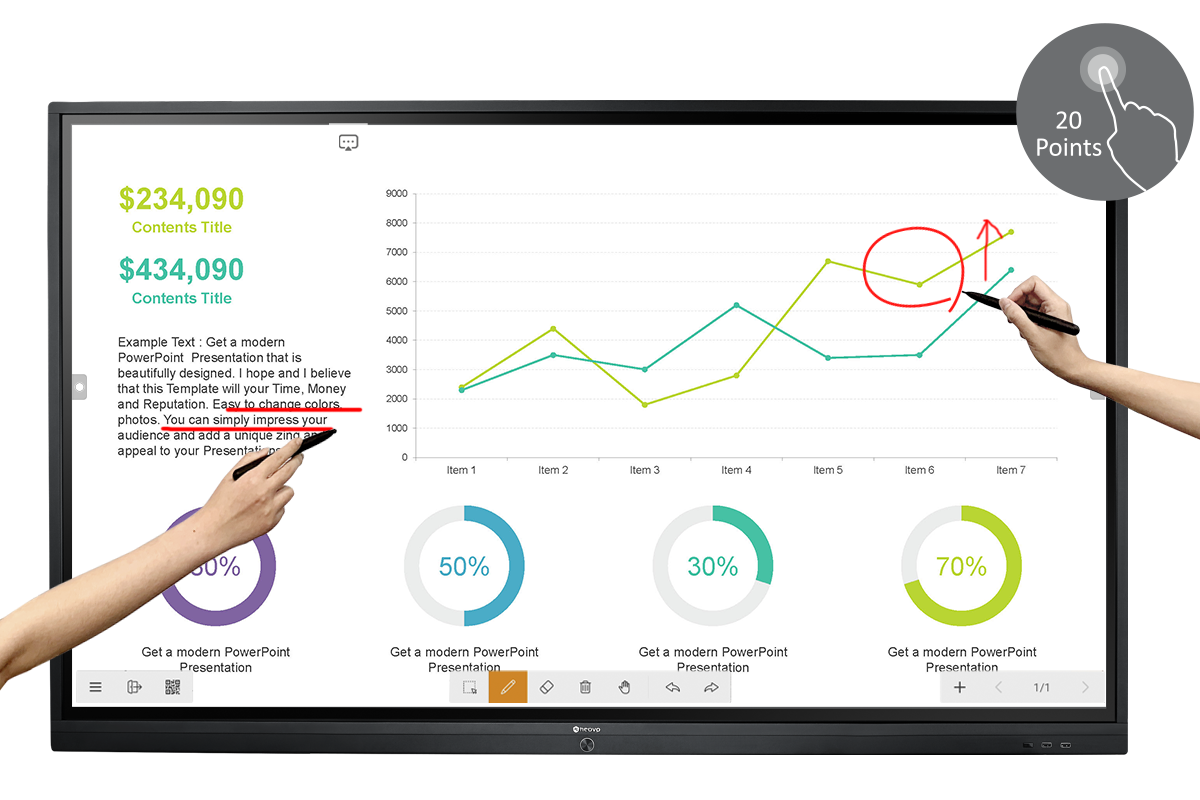 Meetboard IFP-series interacitve displays provide 20-point touch and dual styluse pens for multiple users