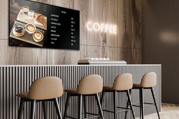 AG Neovo digital signage display is broadcasting afternoon promotion content in the coffee shop
