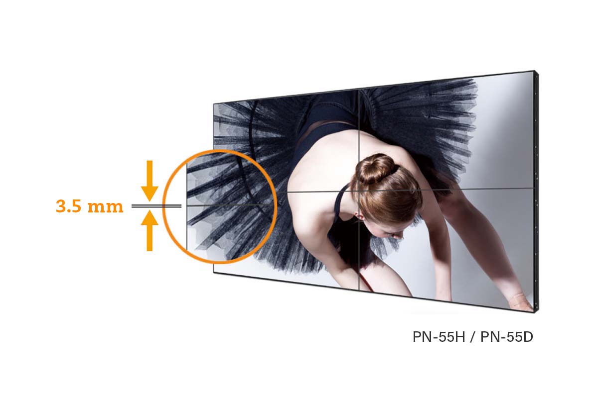 The PN-55D/55H ultra narrow bezel video wall display is 3.5 mm bezel to bezel width