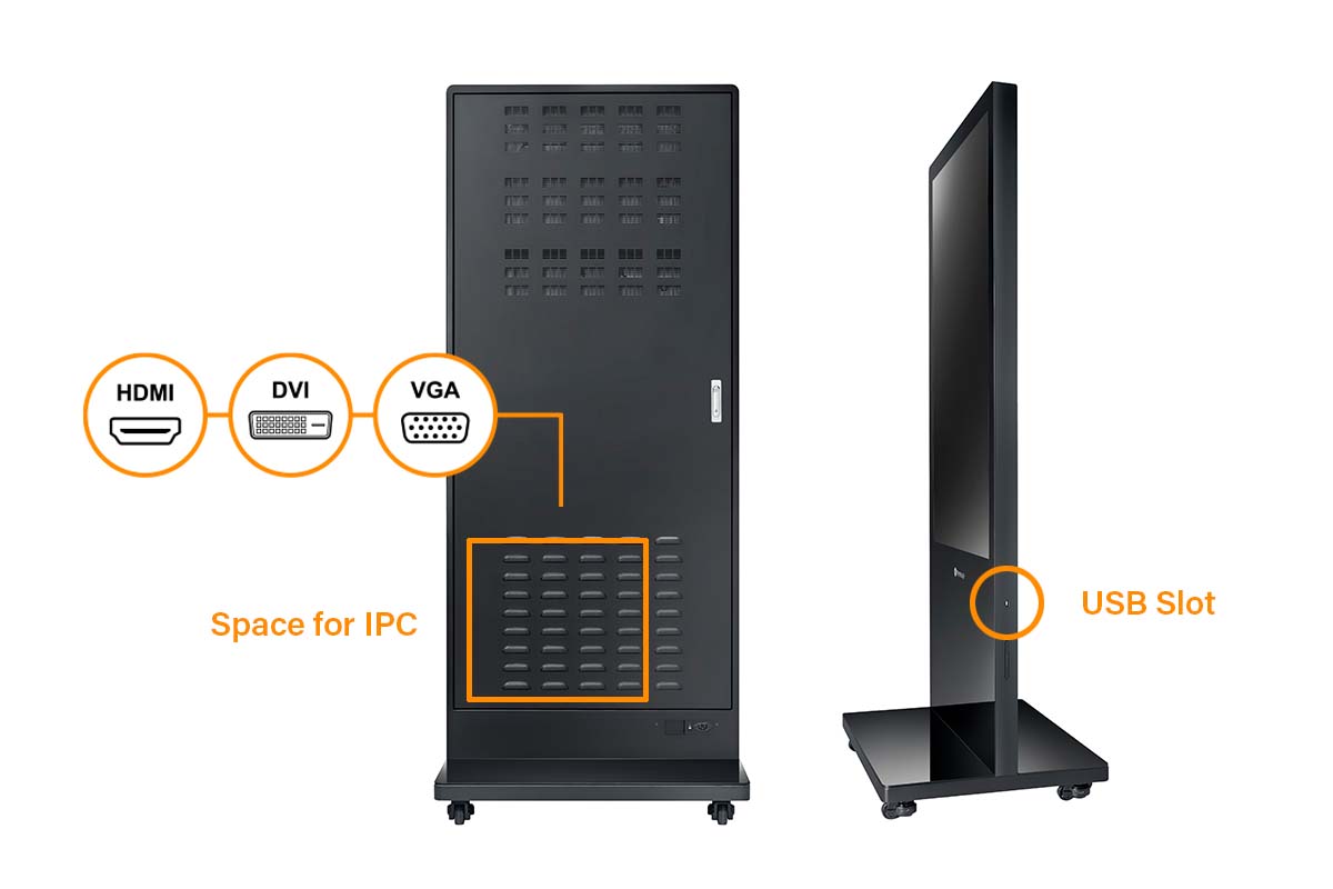 The PF-Series freestanding digital kiosk display features versatile I/O ports
