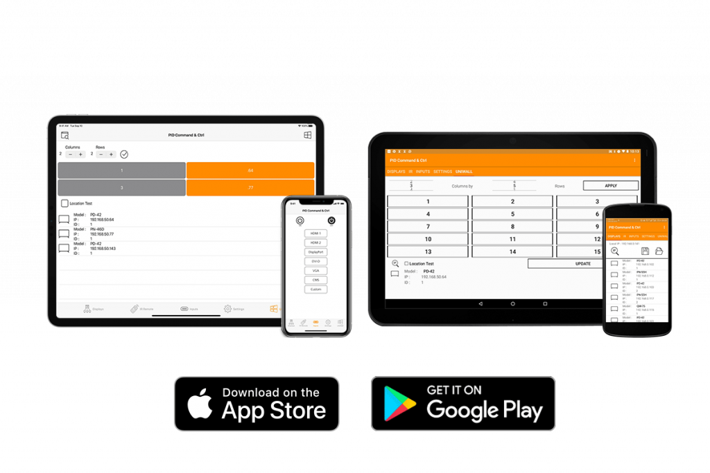 The iOS & Android app UI from PID Command & Ctrl display management software