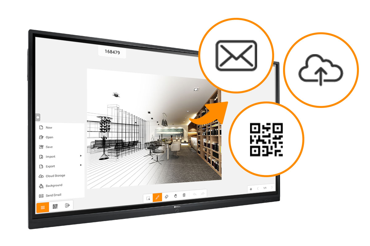Meetboard IFP-Series interactive flat panel display can share meeting files through emails, QR Code and cloud drives