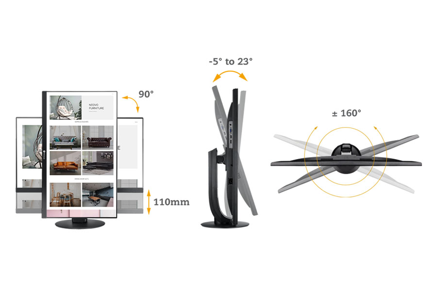 MH-27 Bezel Less Monitor features ergonomic functions, pivot, swivel, height adjustment