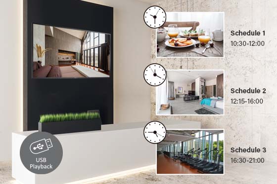 The PM-Series slim bezel digital signage displays have a built-in integrated scheduler