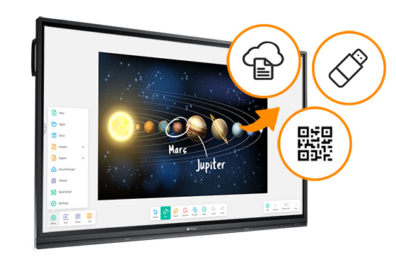 Meetboard 3 interactive display makes file sharing easy with Cloud drives, USB drives, and QR Code scanning