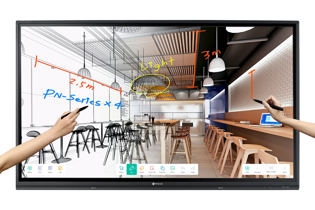 Meetboard IFP-6503 4K 商用互動式電子白板提供 20 點多點觸控與雙色觸控筆