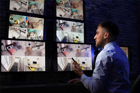 A security guy is viewing multiple SC-2702 27-Inch 1080p Monitors For Video Surveillance