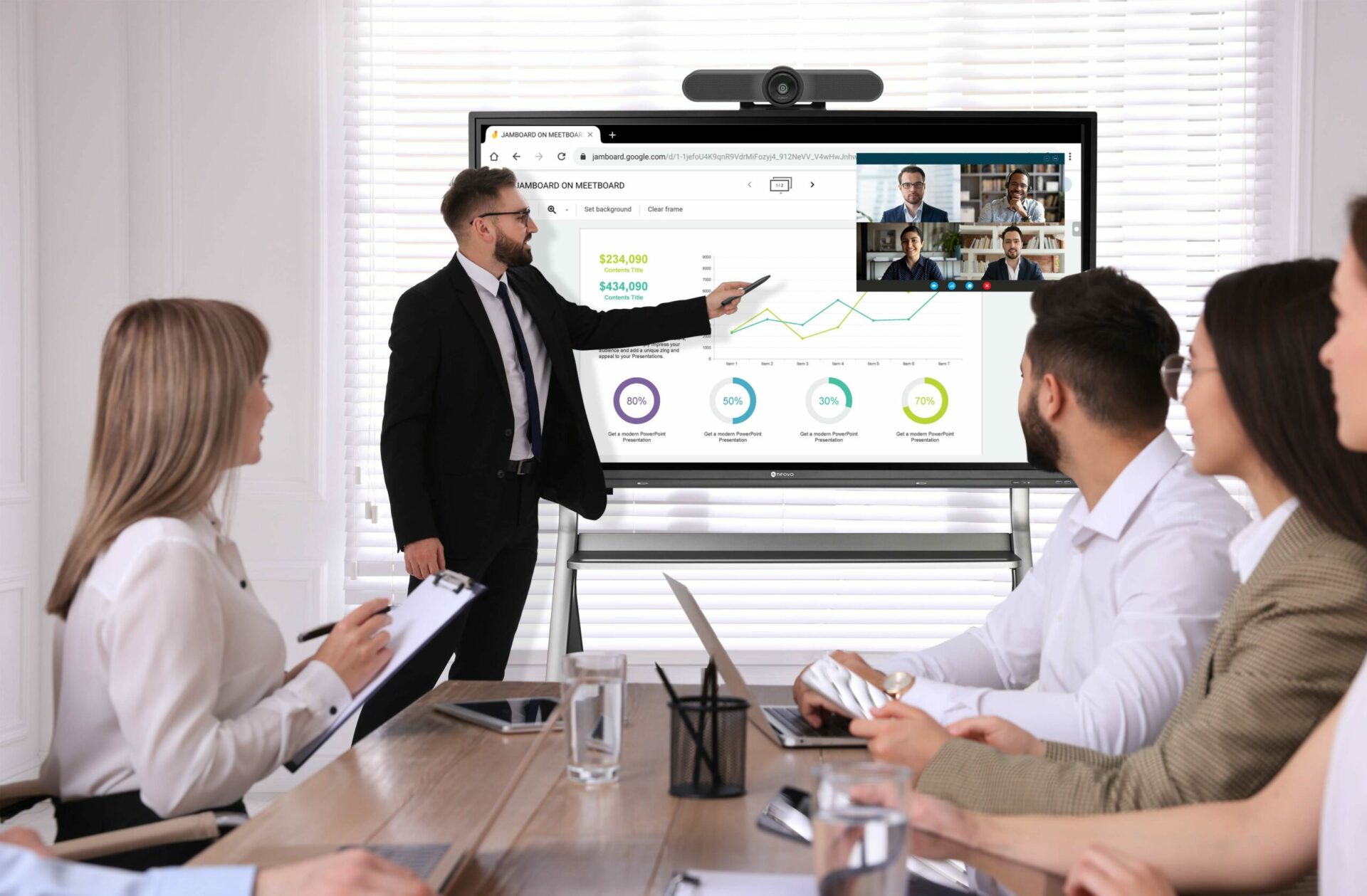 A group of people is using Meetboard interactive display with FMC-06 mobile cart in a meeting room