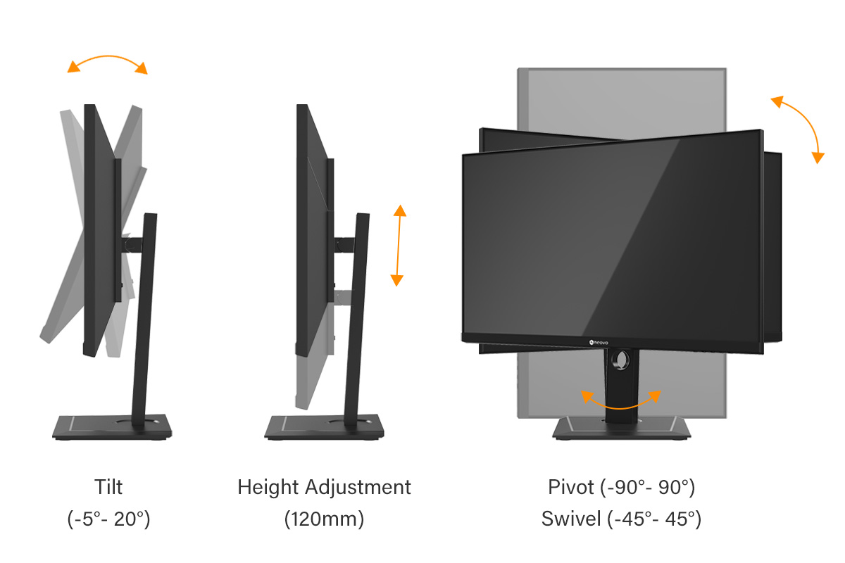 EM2701QC USB-C monitor features tilt, pivot, swivel, height adjustment ergonomic stand