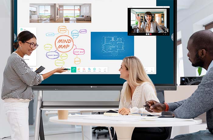 一群人在會議室開會使用 Meetboard 3 4K 智慧互動式電子白板觸控顯示器