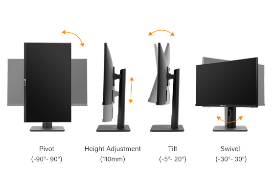AG Neovo MH2402 24'' LCD monitor integrates an ergonomic stand, providing tilt, pivot, swivel and heigh adjustment