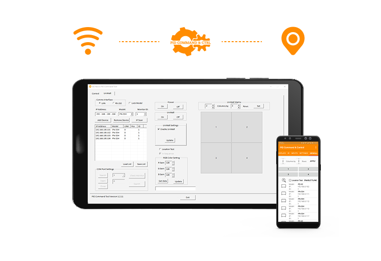 PN-46D2 ultra-narrow bezel video wall display can be remotely managed via mobile device.