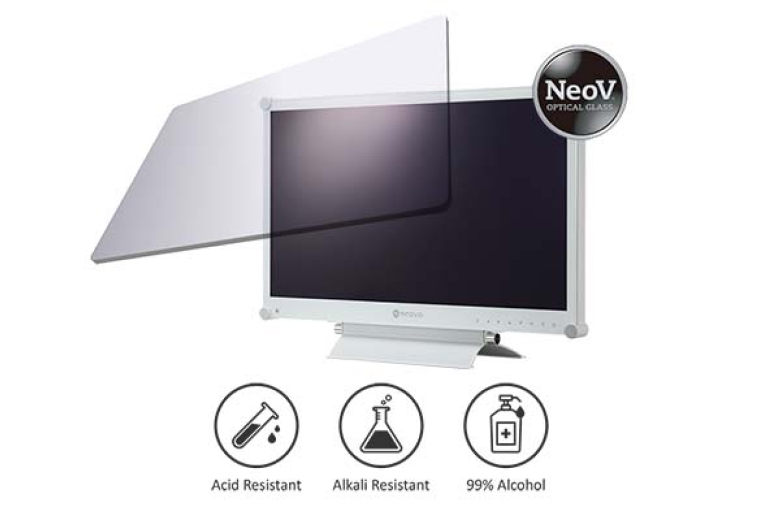牙科顯示器 NeoV 防護光學玻璃與抗酸抗鹼塗佈設計示意