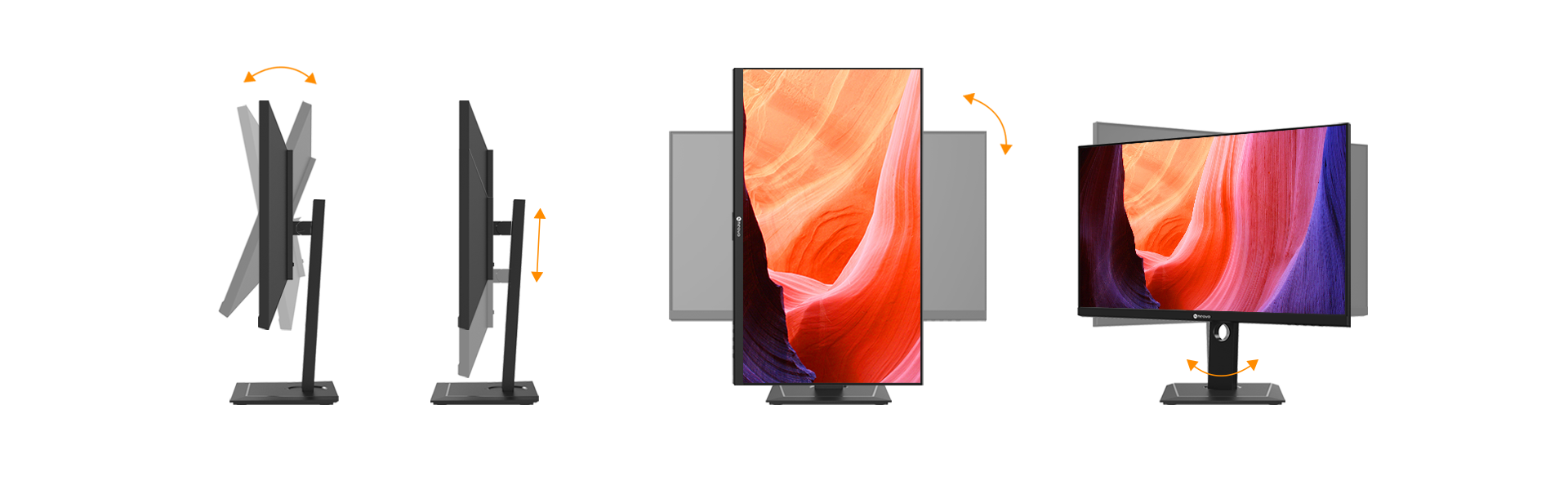 EM Series graphic design monitors integrates ergonomic stand for pivot, swivel, tilt and height adjustment.
