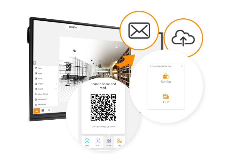 Meetboard Interactive Displays allows various ways to share files, including QR code, email, cloud drive, intranet.