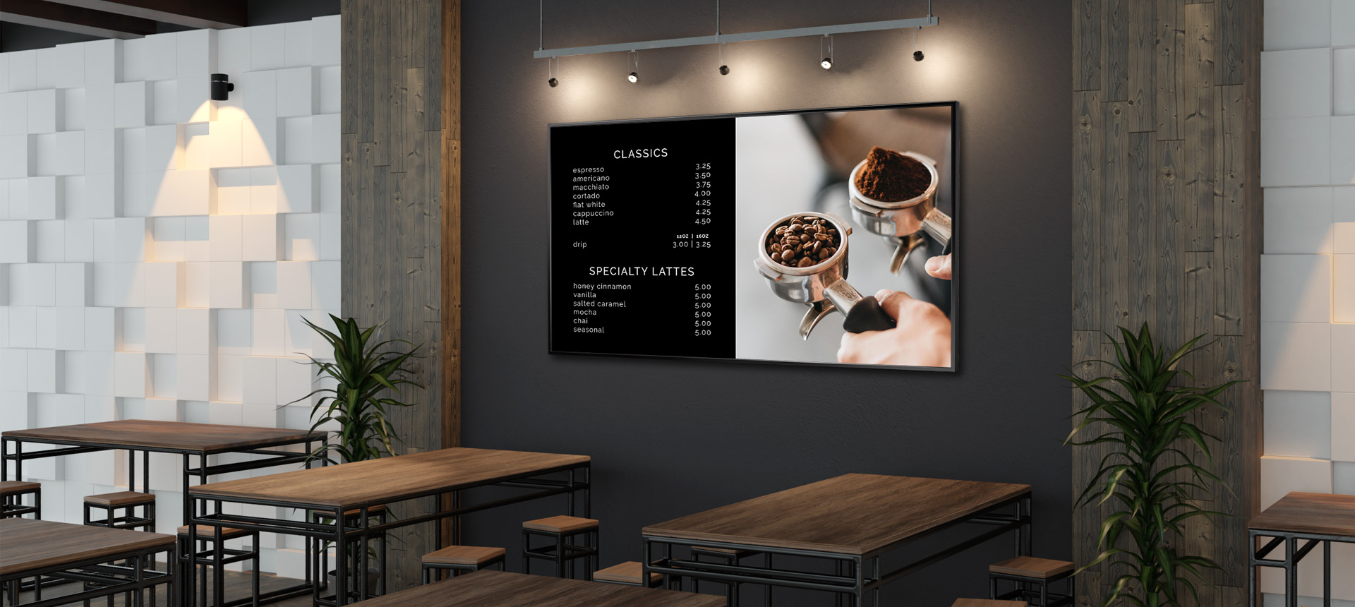 餐廳內安裝 AG Neovo 大型商用顯示器示意
