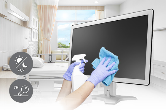 使用清潔用品清潔 TX-2401 White 醫療觸控螢幕顯示器示意