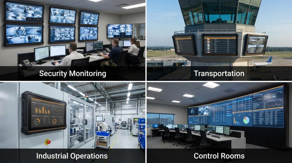 Four critical deployment scenarios for durable displays: multi-screen security monitoring, flight information displays in transportation hubs, machine interfaces in industrial operations, and large-scale video walls in centralised control rooms.