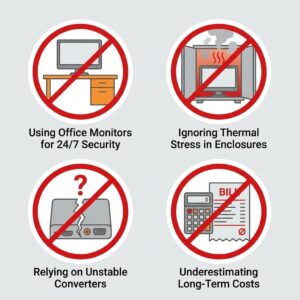 Four common mistakes in hardware procurement: using standard office monitors for 24/7 security, ignoring thermal stress in enclosures, relying on unstable external converters, and underestimating long-term total cost of ownership.