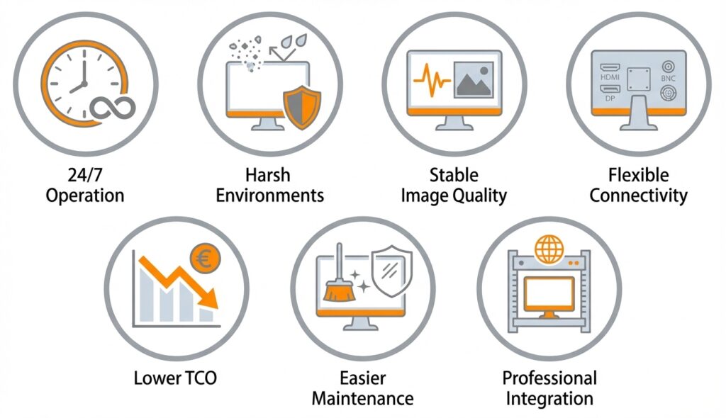 Seven core advantages of professional durable displays: 24/7 operation, resistance to harsh environments, stable image quality, flexible connectivity including BNC, lower total cost of ownership, easier maintenance, and professional system integration.