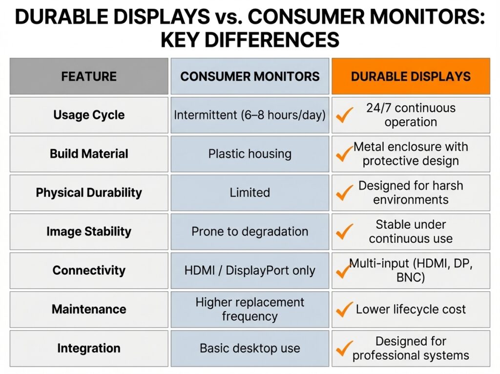 Technical comparison table detailing the key differences between consumer monitors and durable displays, emphasising 24/7 continuous operation, metal enclosures, physical durability, and multi-input connectivity for professional systems.