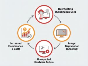 Diagram illustrating the failure cycle of using consumer monitors for continuous use, highlighting overheating, image degradation and ghosting, unexpected hardware failure, and increased maintenance costs.