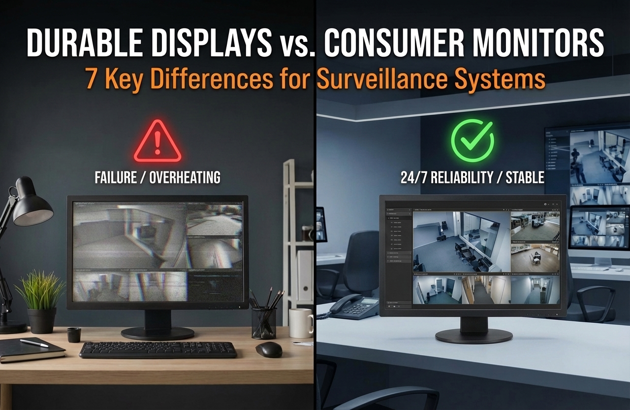 Side-by-side comparison showing a standard consumer monitor failing from overheating versus a professional durable display providing stable 24/7 reliability in a critical surveillance environment.