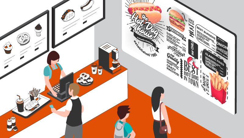 digital menu boards are installed in a restaurant cafe