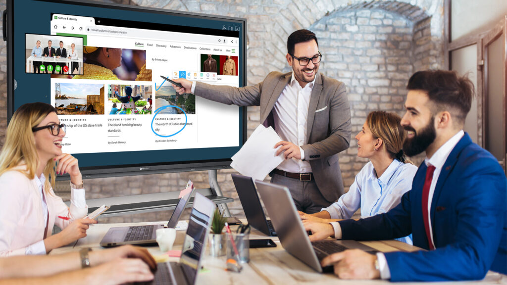 A group of people is using Meetboard interactive displays for business collaboration