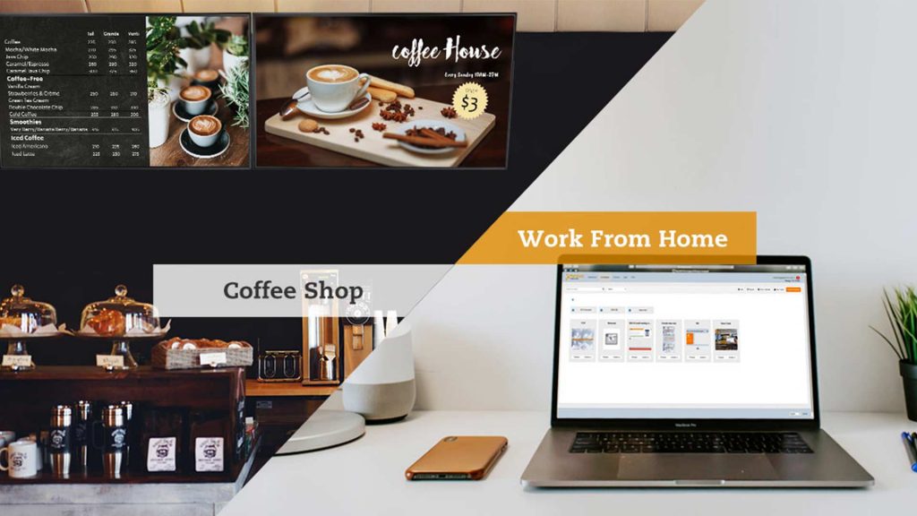 Neovo Signage cloud-based digital signage software allows you to change digital menu board at a coffee shop when working from home