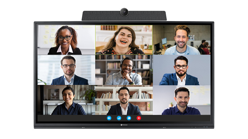 Multiple people are holding a video conference on Meetboard interactive displays