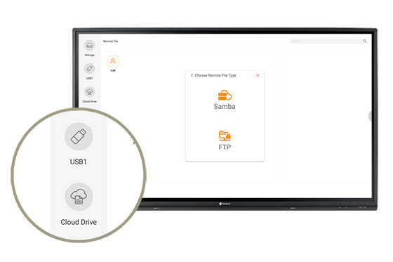 USB, Cloud Drives, Samba and FTP service can be accessed on Meetboard interactive displays for business meetings