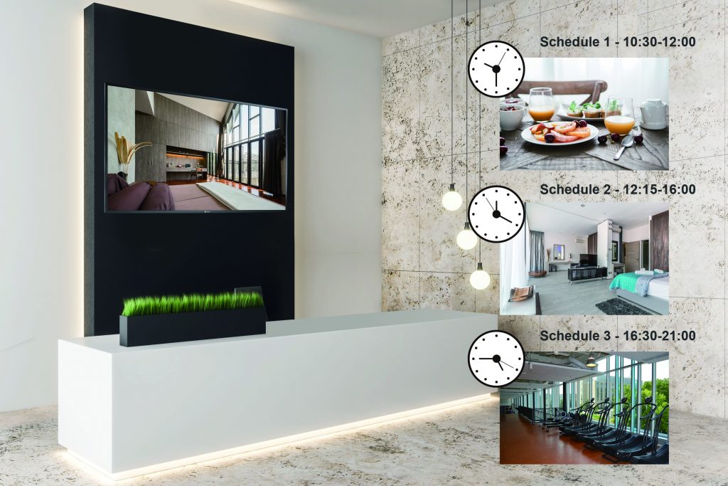 A digital signage display is mounted on the hotel lobby wall and scheduled to broadcast content at different time.